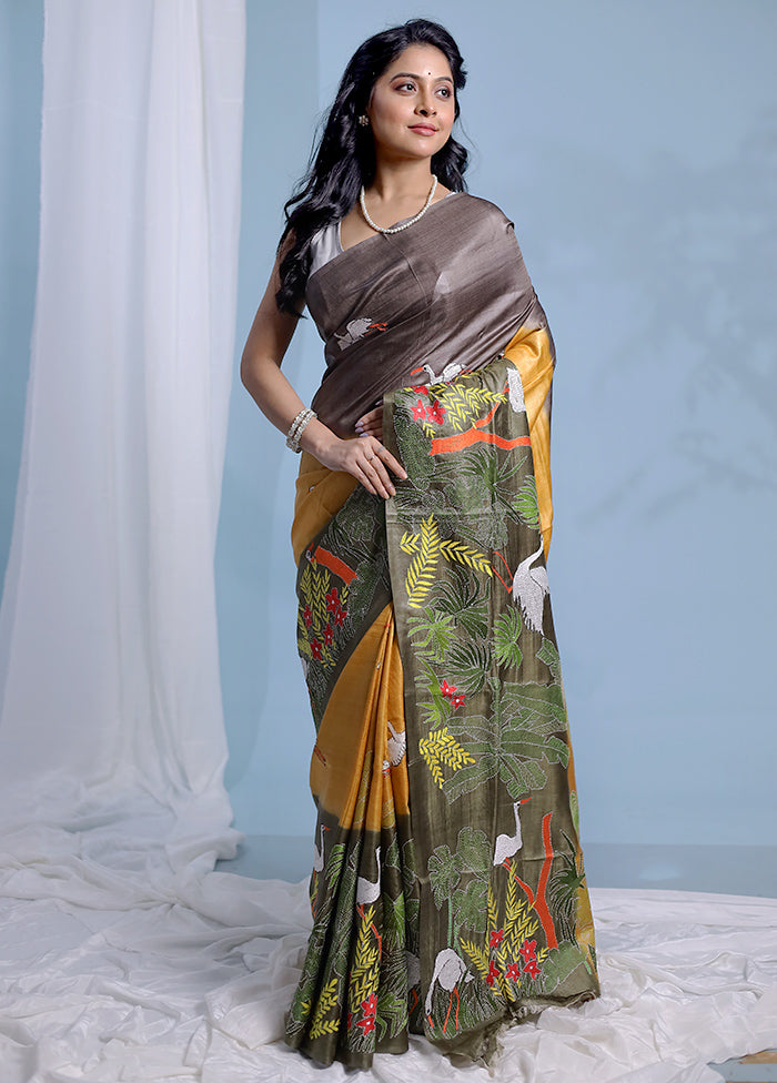 Yellow Kantha Stitch Pure Silk Saree With Blouse Piece - Indian Silk House Agencies