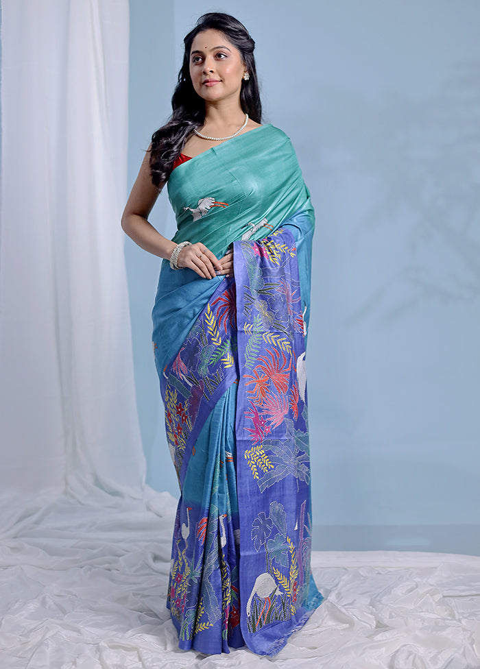 Blue Kantha Stitch Pure Silk Saree With Blouse Piece - Indian Silk House Agencies