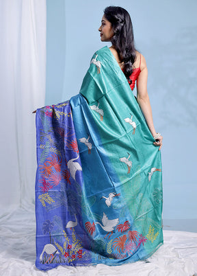 Blue Kantha Stitch Pure Silk Saree With Blouse Piece - Indian Silk House Agencies