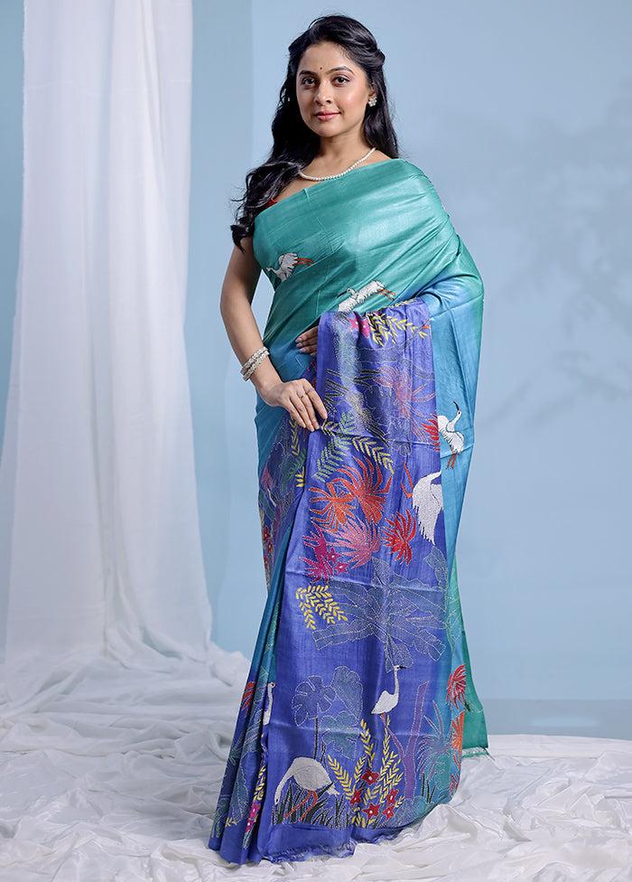 Blue Kantha Stitch Pure Silk Saree With Blouse Piece - Indian Silk House Agencies