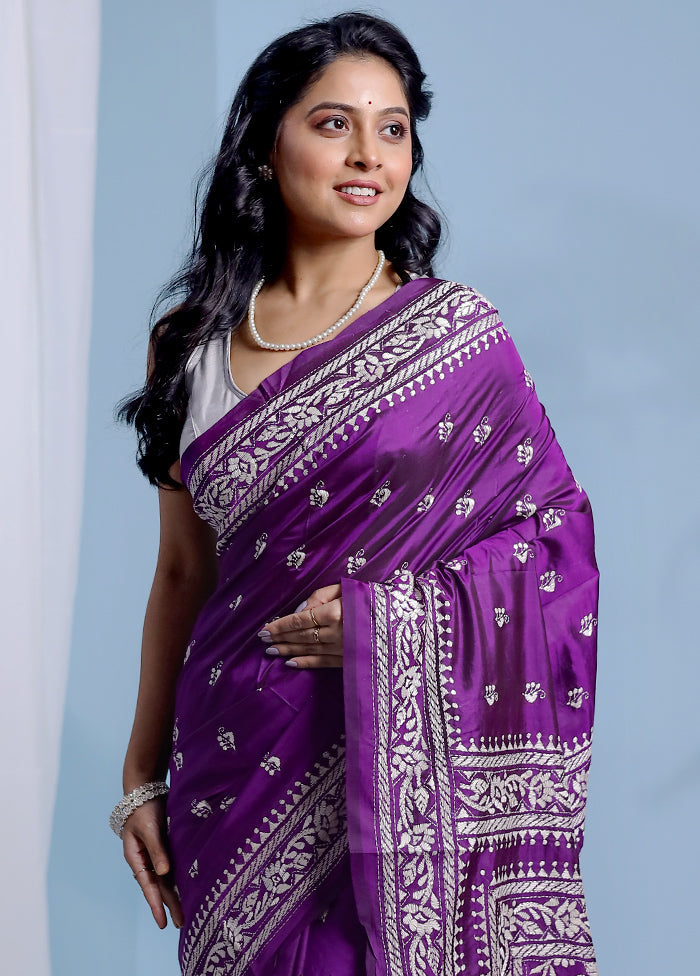 Purple Kantha Stitch Pure Silk Saree With Blouse Piece - Indian Silk House Agencies