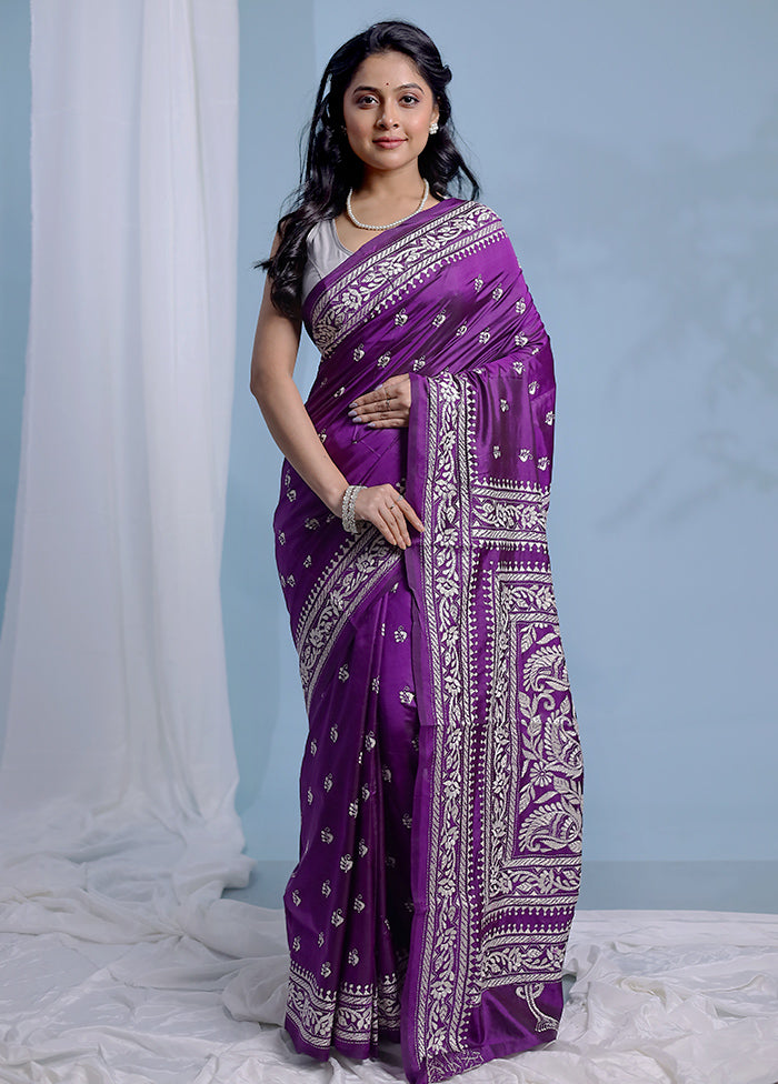 Purple Kantha Stitch Pure Silk Saree With Blouse Piece - Indian Silk House Agencies