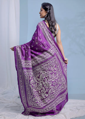 Purple Kantha Stitch Pure Silk Saree With Blouse Piece - Indian Silk House Agencies