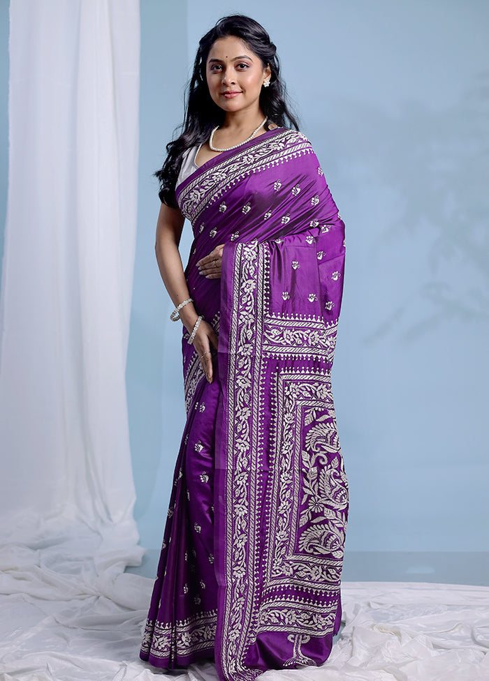 Purple Kantha Stitch Pure Silk Saree With Blouse Piece - Indian Silk House Agencies