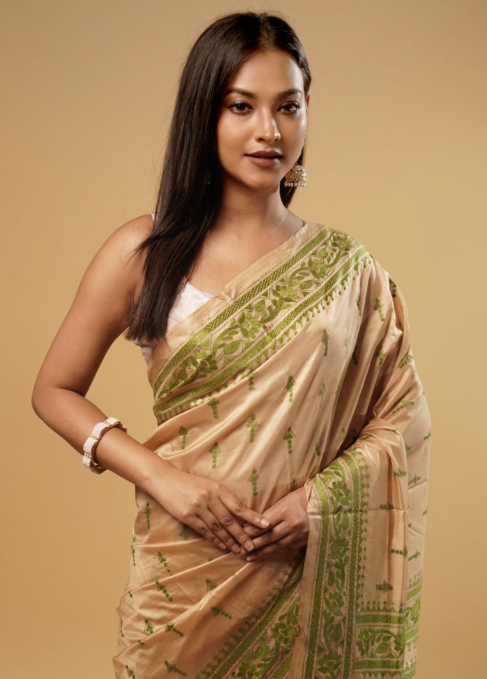 Cream Kantha Stitch Pure Silk Saree With Blouse Piece - Indian Silk House Agencies