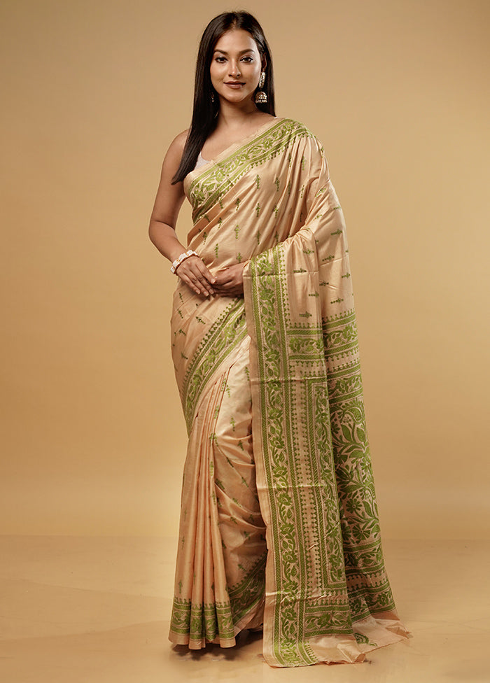 Cream Kantha Stitch Pure Silk Saree With Blouse Piece - Indian Silk House Agencies