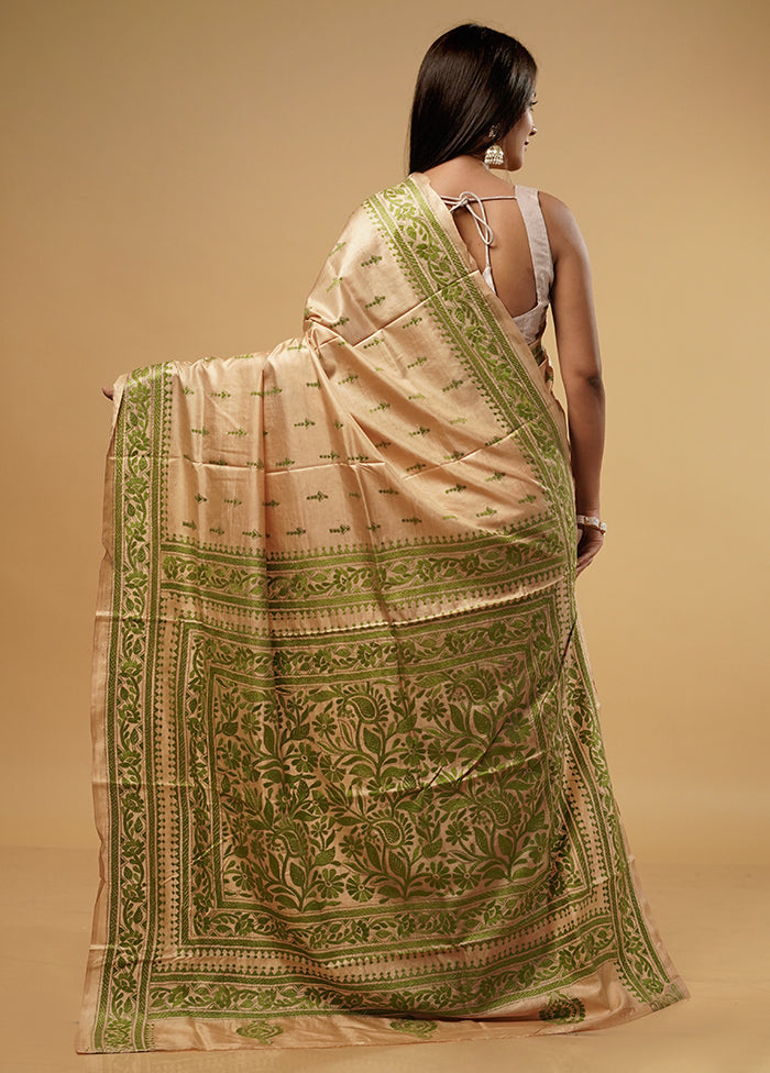 Cream Kantha Stitch Pure Silk Saree With Blouse Piece - Indian Silk House Agencies