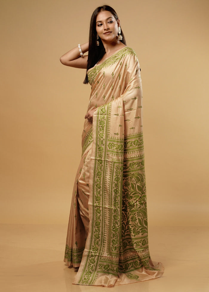 Cream Kantha Stitch Pure Silk Saree With Blouse Piece - Indian Silk House Agencies