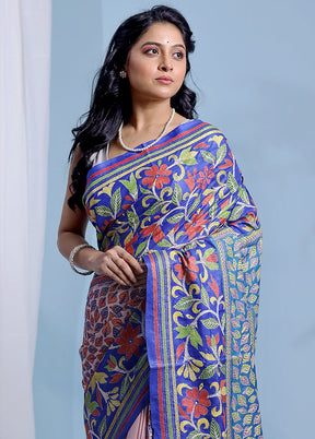 Blue Kantha Stitch Pure Silk Saree With Blouse Piece - Indian Silk House Agencies