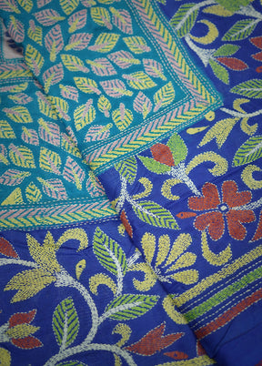 Blue Kantha Stitch Pure Silk Saree With Blouse Piece - Indian Silk House Agencies