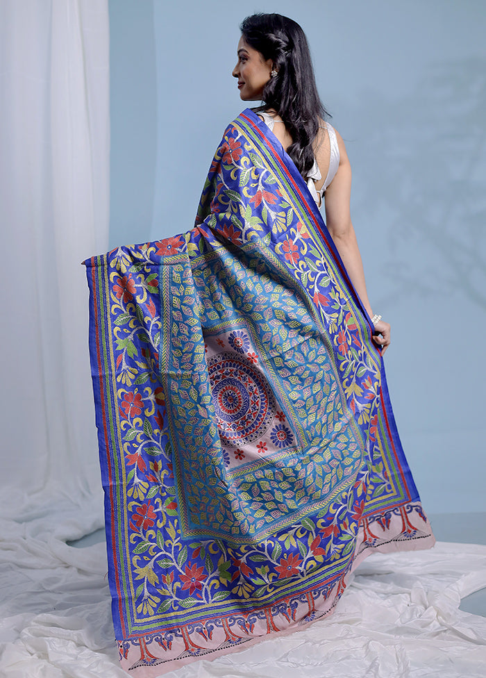 Blue Kantha Stitch Pure Silk Saree With Blouse Piece - Indian Silk House Agencies