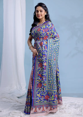 Blue Kantha Stitch Pure Silk Saree With Blouse Piece - Indian Silk House Agencies