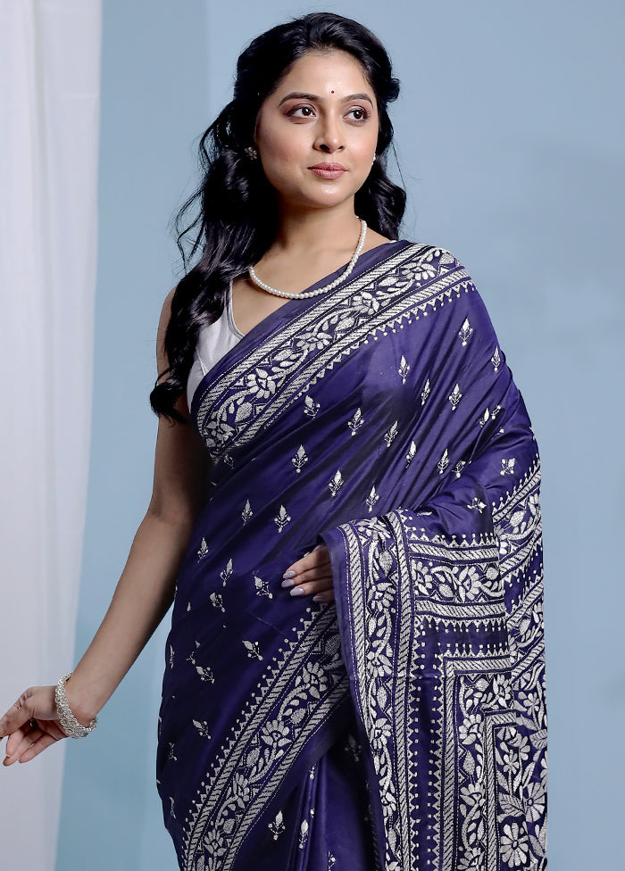 Black Kantha Stitch Pure Silk Saree With Blouse Piece - Indian Silk House Agencies