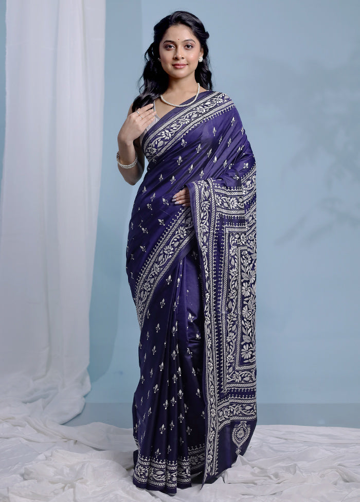 Black Kantha Stitch Pure Silk Saree With Blouse Piece - Indian Silk House Agencies