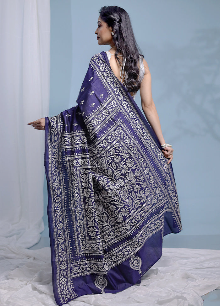 Black Kantha Stitch Pure Silk Saree With Blouse Piece - Indian Silk House Agencies