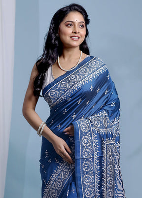 Blue Kantha Stitch Pure Silk Saree With Blouse Piece - Indian Silk House Agencies