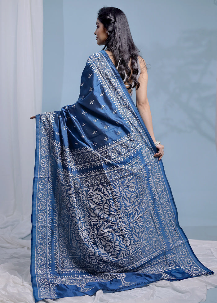 Blue Kantha Stitch Pure Silk Saree With Blouse Piece - Indian Silk House Agencies