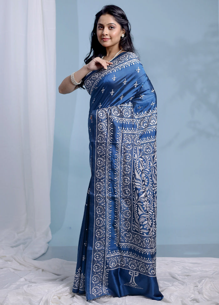 Blue Kantha Stitch Pure Silk Saree With Blouse Piece - Indian Silk House Agencies