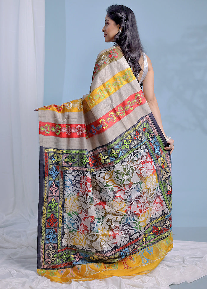 Multicolor Kantha Stitch Pure Silk Saree With Blouse Piece - Indian Silk House Agencies