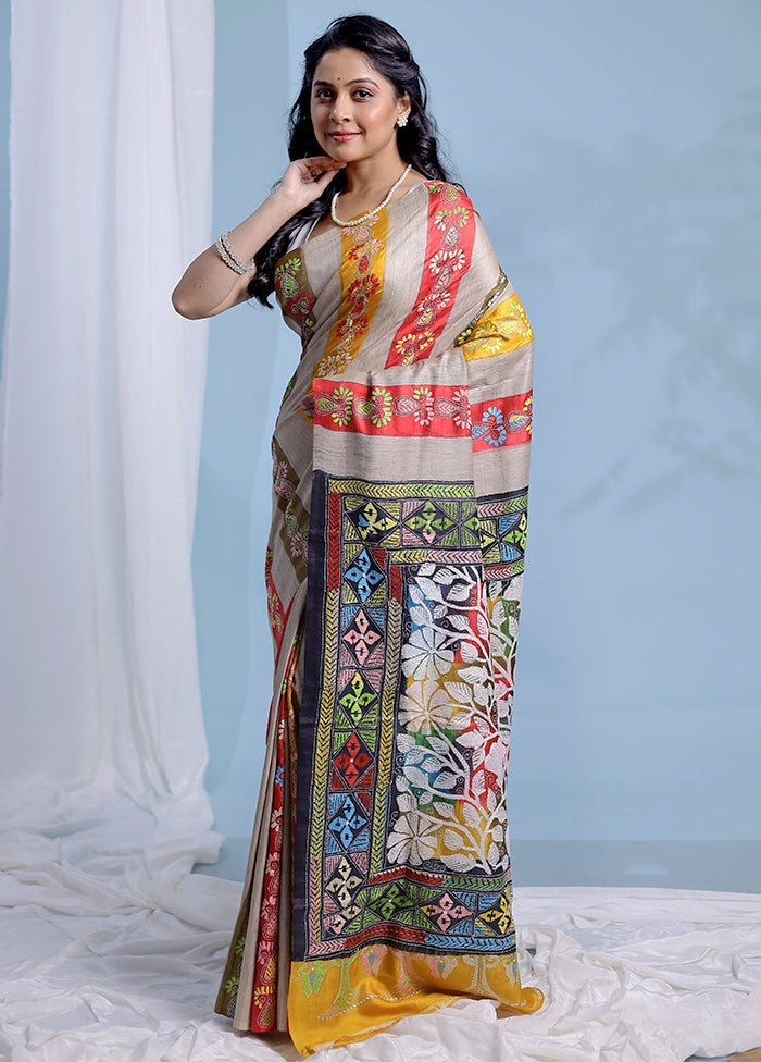 Multicolor Kantha Stitch Pure Silk Saree With Blouse Piece - Indian Silk House Agencies