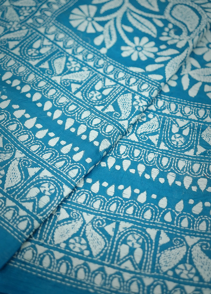 Blue Kantha Stitch Pure Silk Saree With Blouse Piece - Indian Silk House Agencies