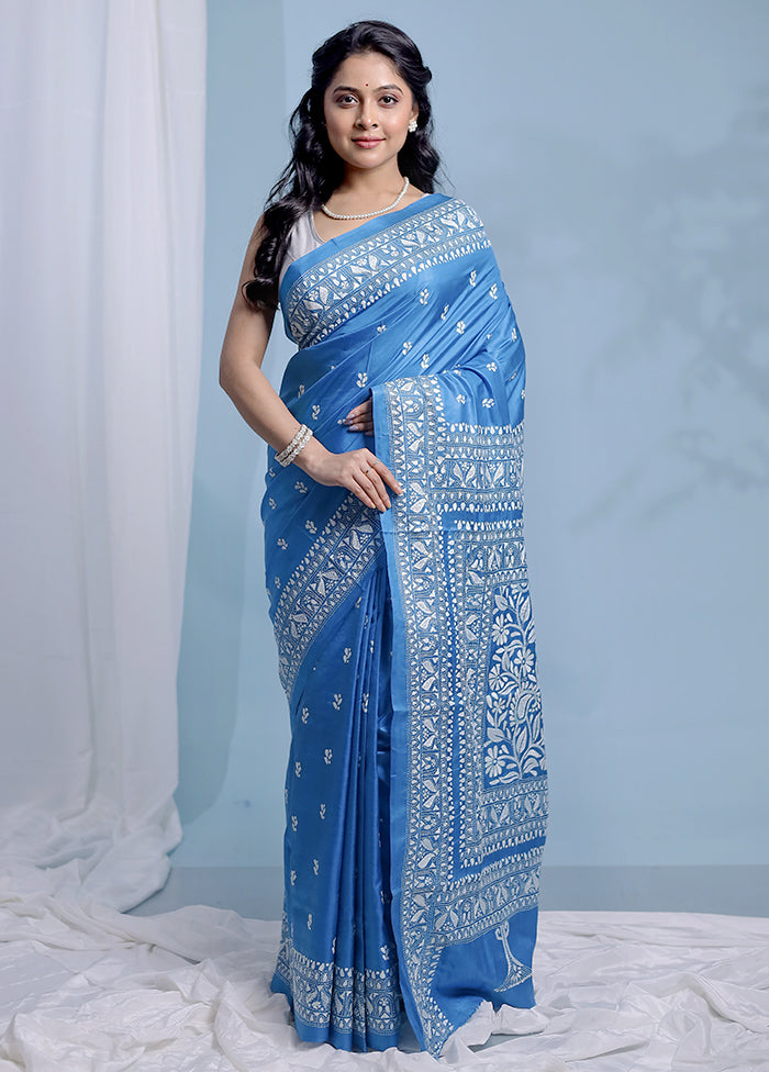 Blue Kantha Stitch Pure Silk Saree With Blouse Piece - Indian Silk House Agencies