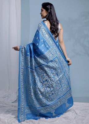 Blue Kantha Stitch Pure Silk Saree With Blouse Piece - Indian Silk House Agencies