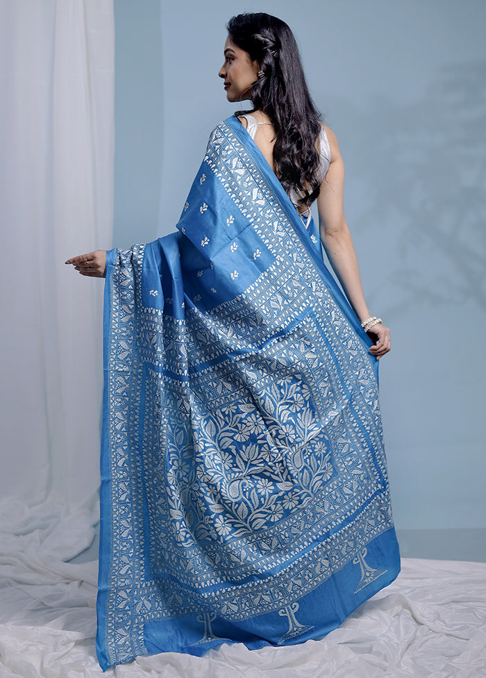 Blue Kantha Stitch Pure Silk Saree With Blouse Piece - Indian Silk House Agencies