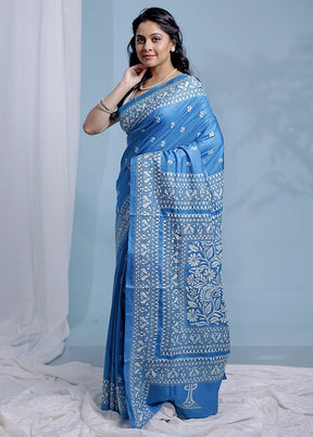 Blue Kantha Stitch Pure Silk Saree With Blouse Piece - Indian Silk House Agencies