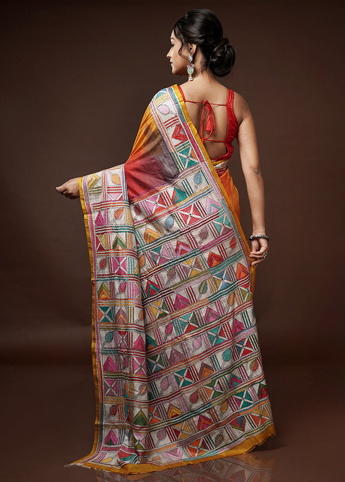 Red Kantha Stitch Pure Silk Saree With Blouse Piece - Indian Silk House Agencies