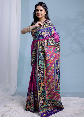 Multicolor Kantha Stitch Pure Silk Saree With Blouse Piece - Indian Silk House Agencies