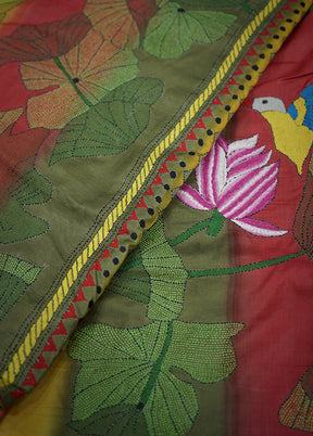 Multicolor Kantha Stitch Pure Silk Saree With Blouse Piece - Indian Silk House Agencies