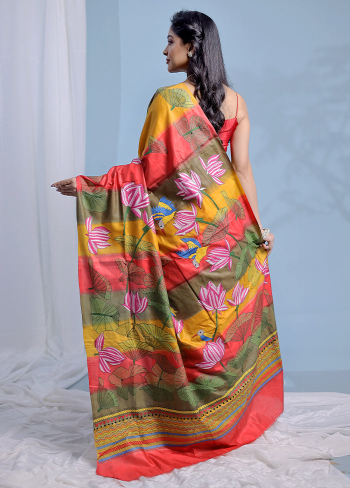 Multicolor Kantha Stitch Pure Silk Saree With Blouse Piece - Indian Silk House Agencies