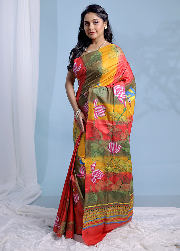 Multicolor Kantha Stitch Pure Silk Saree With Blouse Piece - Indian Silk House Agencies