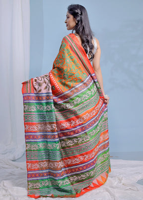 Multicolor Kantha Stitch Pure Silk Saree With Blouse Piece - Indian Silk House Agencies