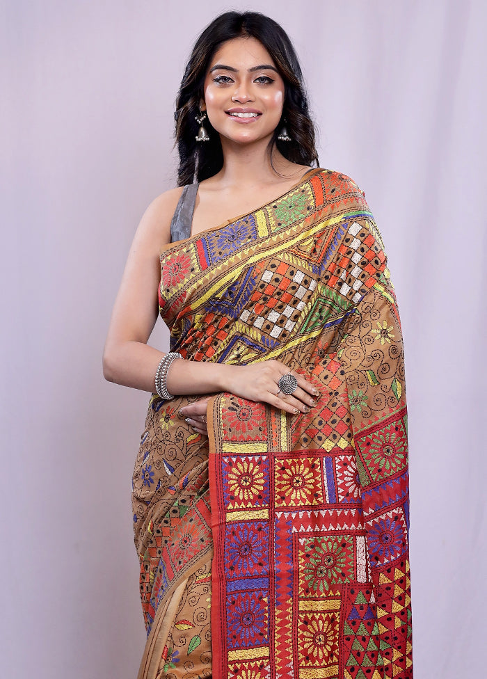 Maroon Kantha Stitch Pure Silk Saree With Blouse Piece - Indian Silk House Agencies