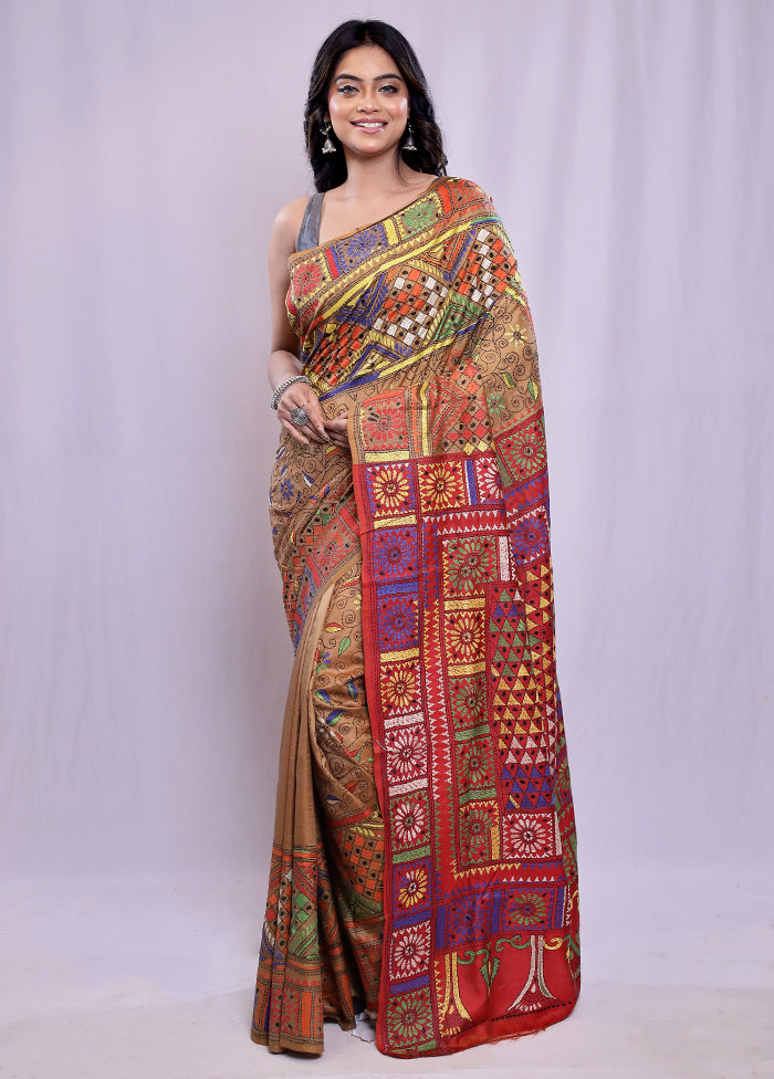 Maroon Kantha Stitch Pure Silk Saree With Blouse Piece - Indian Silk House Agencies