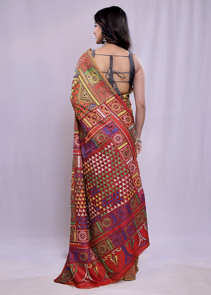 Maroon Kantha Stitch Pure Silk Saree With Blouse Piece - Indian Silk House Agencies