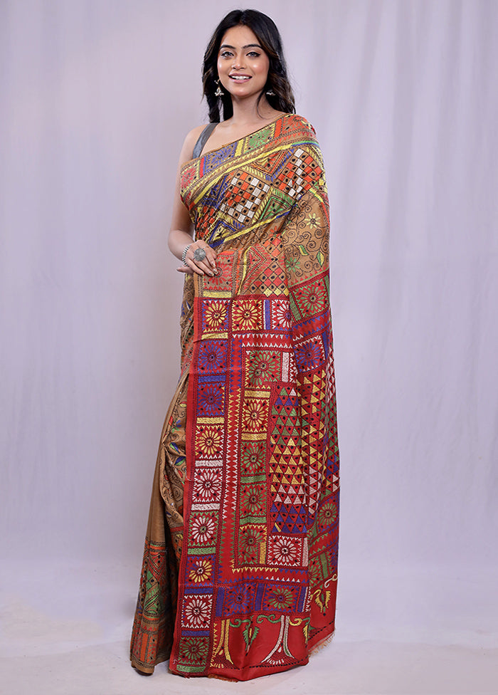 Maroon Kantha Stitch Pure Silk Saree With Blouse Piece - Indian Silk House Agencies