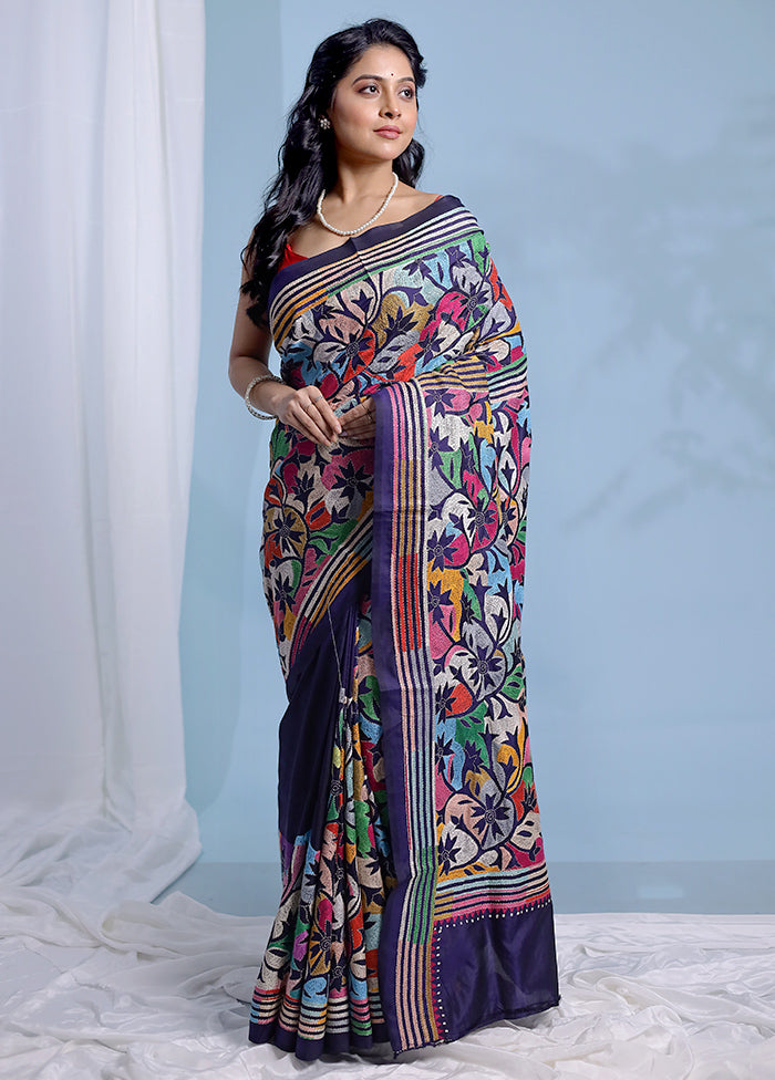 Black Kantha Stitch Pure Silk Saree With Blouse Piece - Indian Silk House Agencies