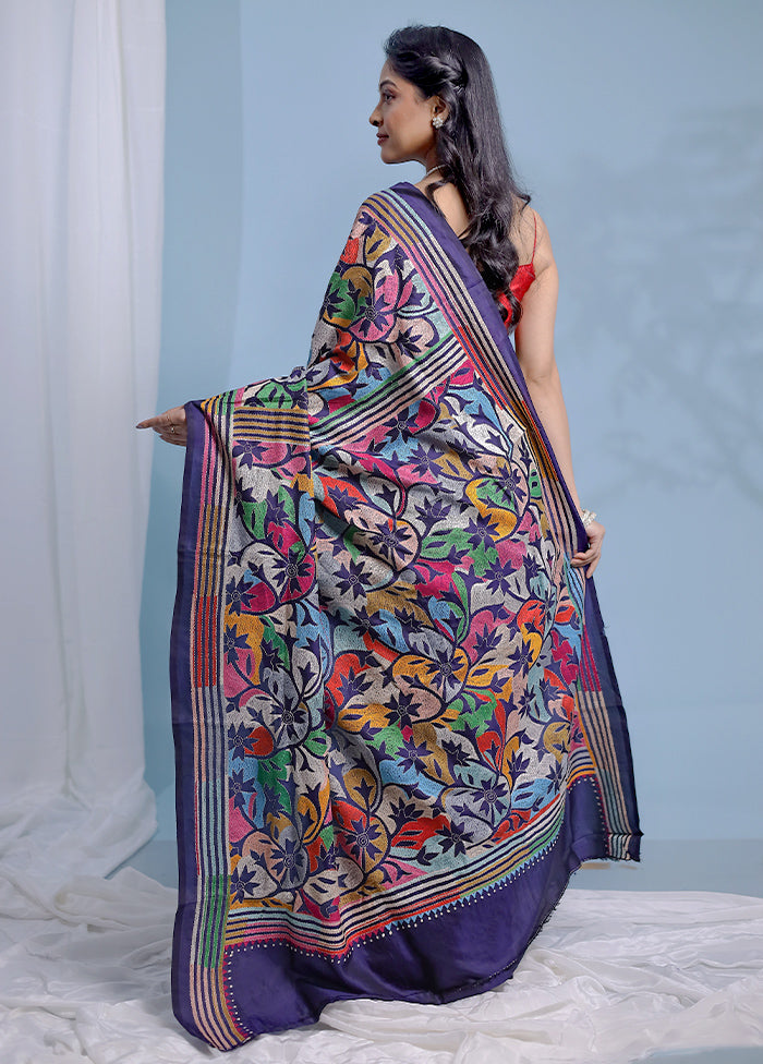 Black Kantha Stitch Pure Silk Saree With Blouse Piece - Indian Silk House Agencies