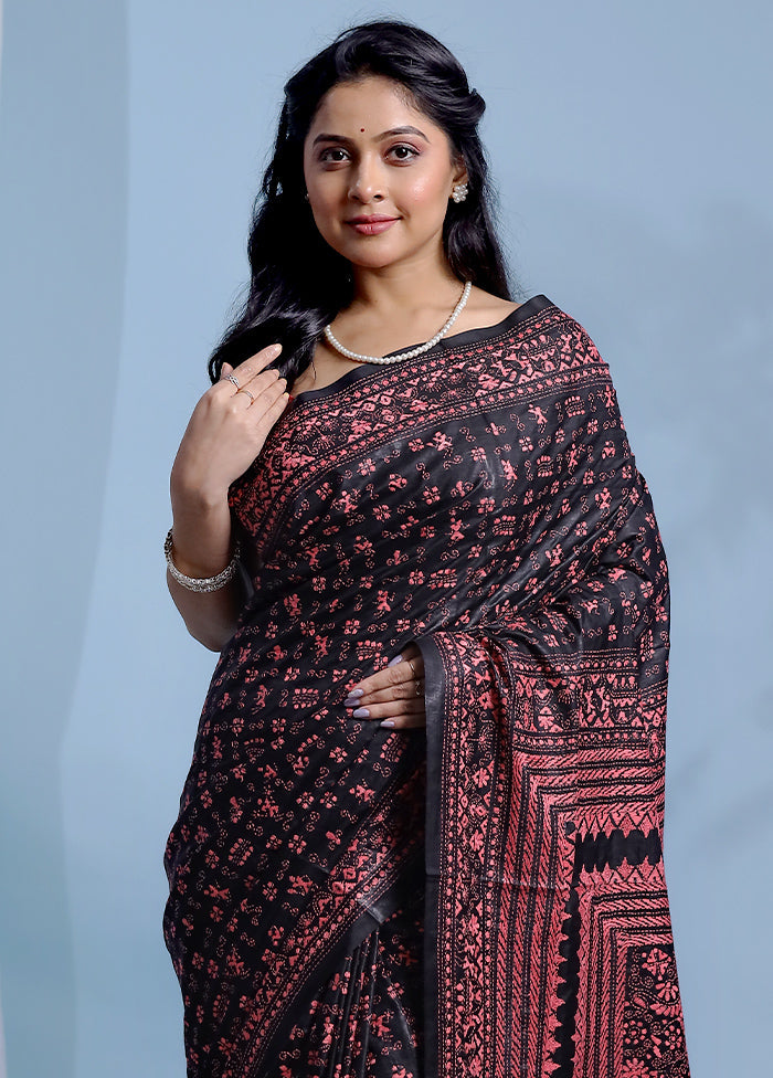 Black Kantha Stitch Pure Silk Saree With Blouse Piece - Indian Silk House Agencies