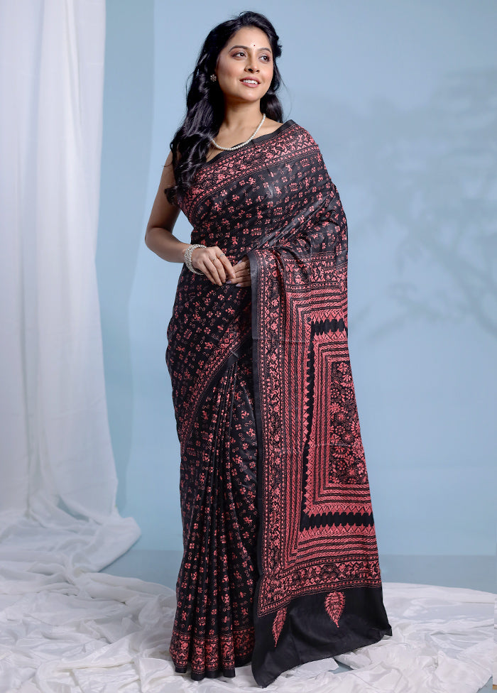 Black Kantha Stitch Pure Silk Saree With Blouse Piece - Indian Silk House Agencies