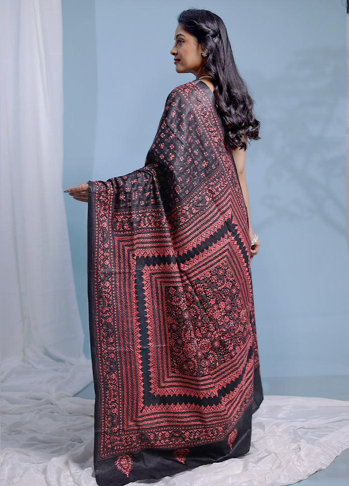 Black Kantha Stitch Pure Silk Saree With Blouse Piece - Indian Silk House Agencies