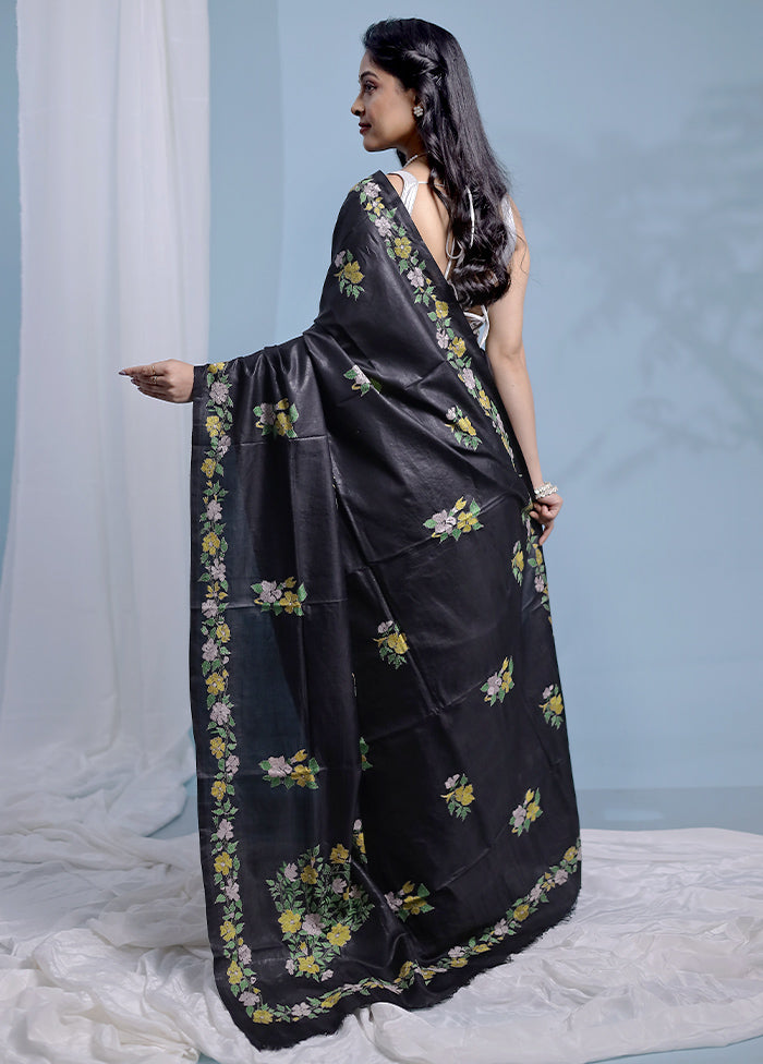 Black Kantha Stitch Pure Silk Saree With Blouse Piece - Indian Silk House Agencies