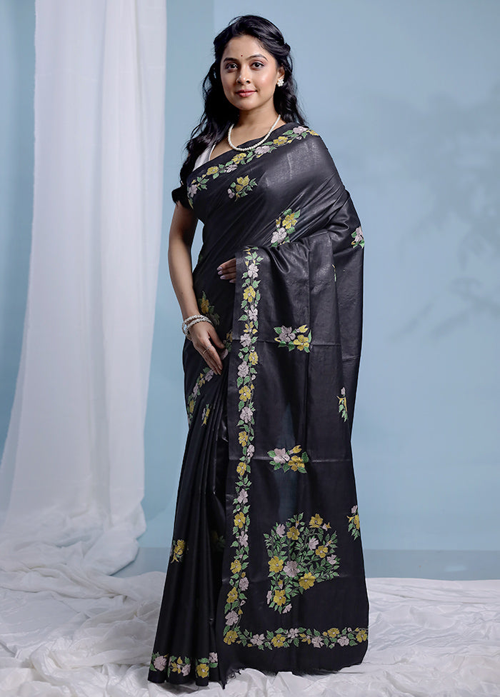 Black Kantha Stitch Pure Silk Saree With Blouse Piece - Indian Silk House Agencies