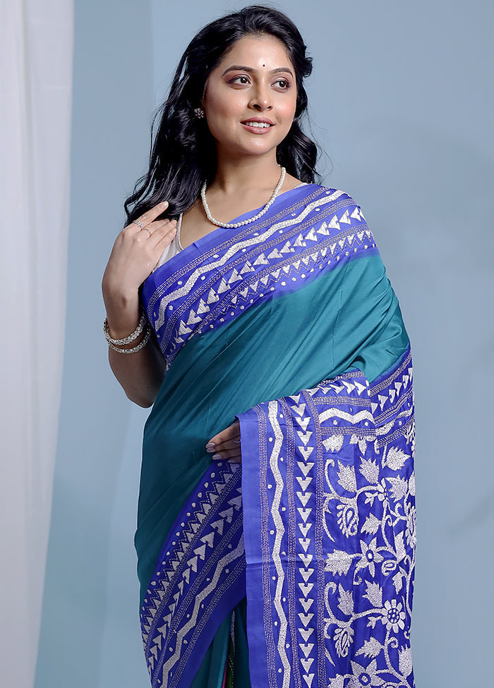 Blue Kantha Stitch Pure Silk Saree With Blouse Piece - Indian Silk House Agencies