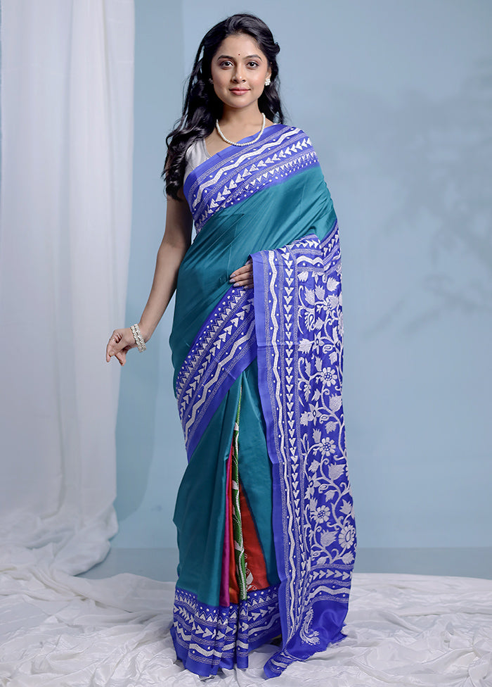 Blue Kantha Stitch Pure Silk Saree With Blouse Piece - Indian Silk House Agencies