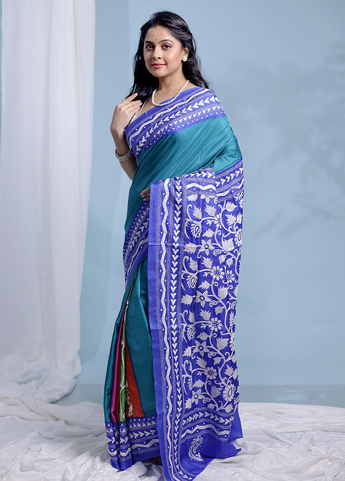 Blue Kantha Stitch Pure Silk Saree With Blouse Piece - Indian Silk House Agencies