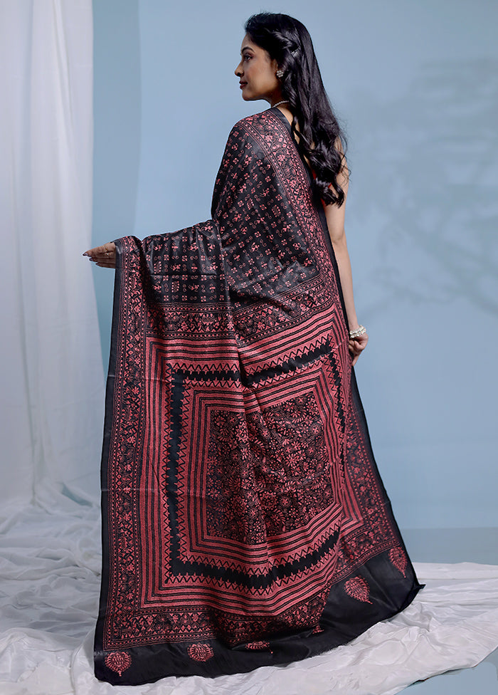 Black Kantha Stitch Pure Silk Saree With Blouse Piece - Indian Silk House Agencies